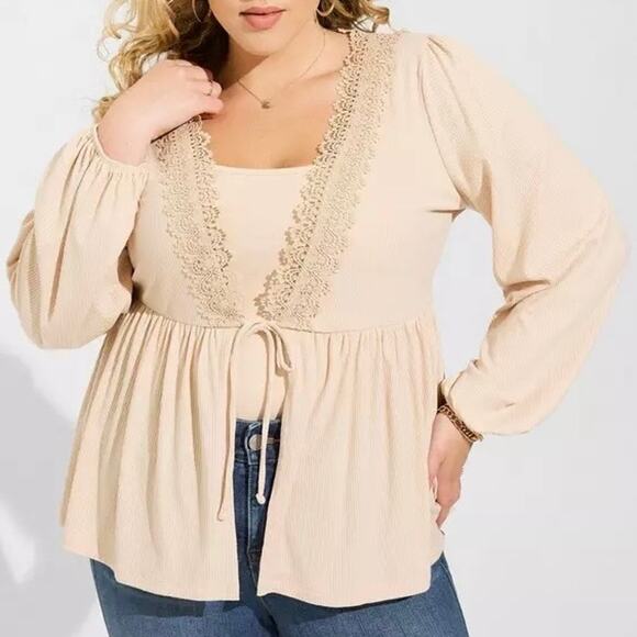 torrid Tops - Torrid Womens Top Size 3X Super Soft Rib V-Neck Lace Trim Tie Front Long Sleeve